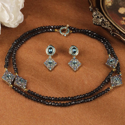 Vintage Multi Layer Black Bead Necklace Earrings Set Gold Plated Crystal