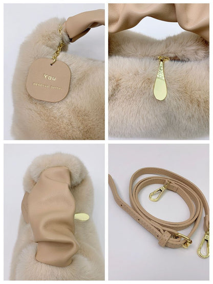 Soft Faux Fur Bag Synthetic Leather Handle Pleated Warm Plush Bags Crossbody 1PC