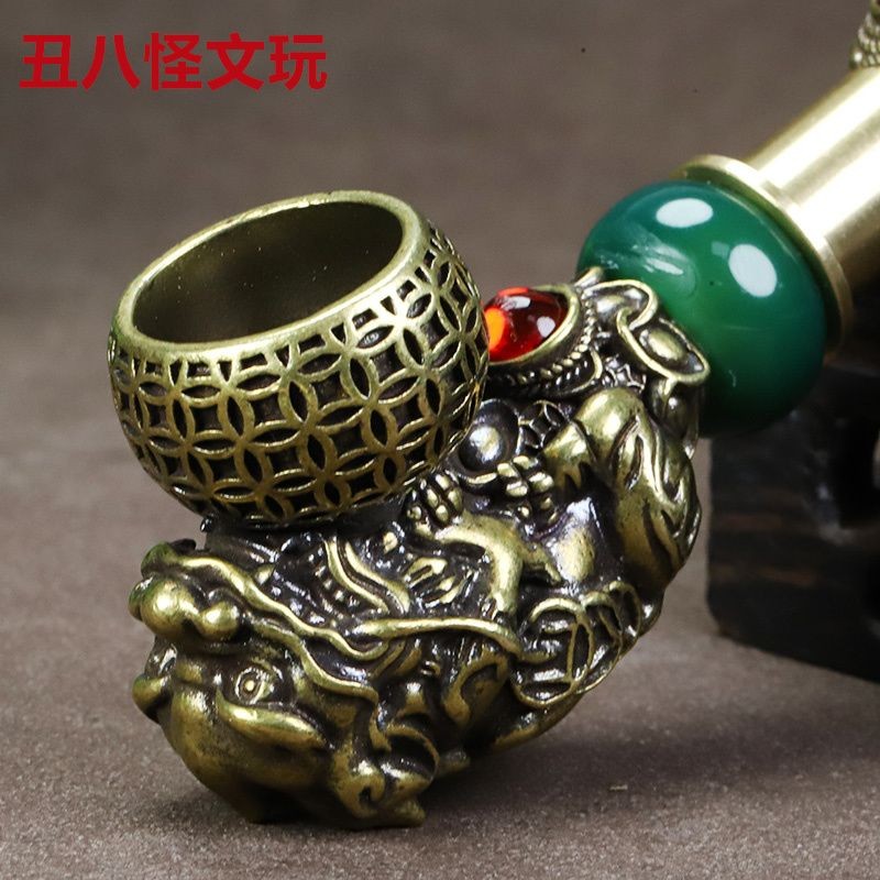Vintage Brass Pixiu Dragon Pipe Agate Mouthpiece Handmade 14cm