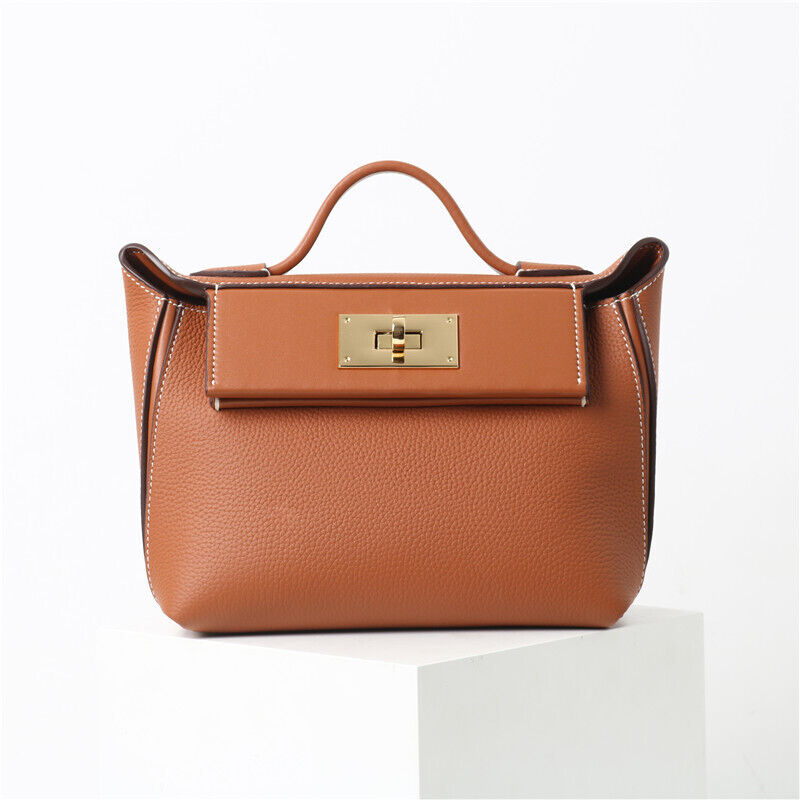 Small Real Leather Trapezoid Tote Handbag Flap Purse Shoulder bag Crossbody