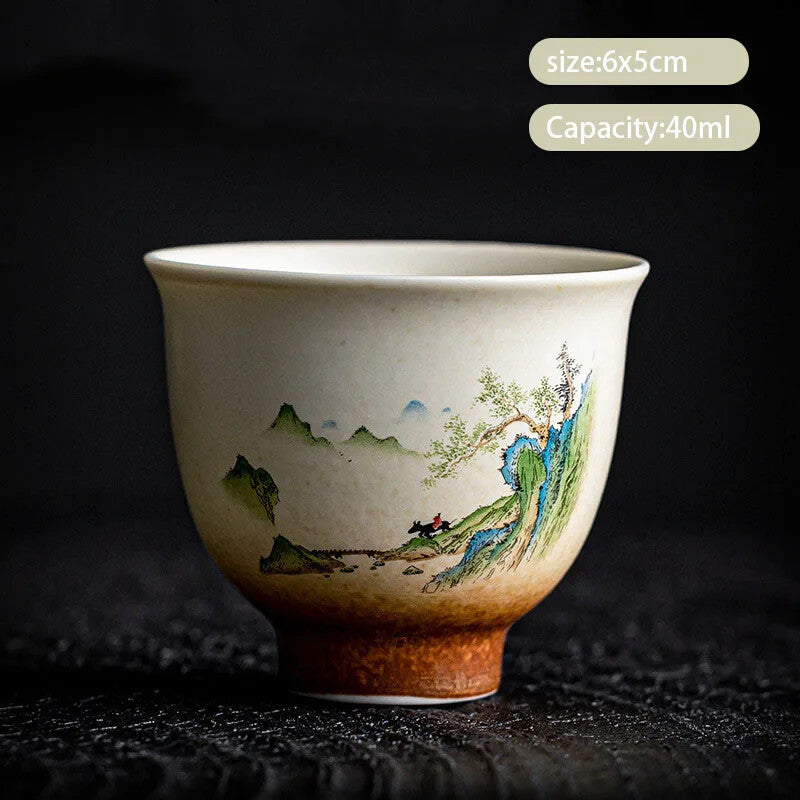 Chinese Retro Ceramic Teacup Handmade Tea Bowl Hand Painted Landscape Tea Cup