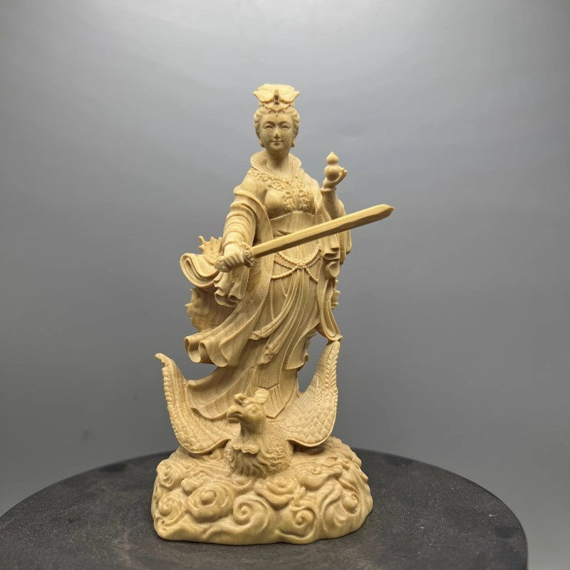 4.8" Boxwood Carved Mysterious Maiden Nine Heaven Statue Taoism Deity Collection
