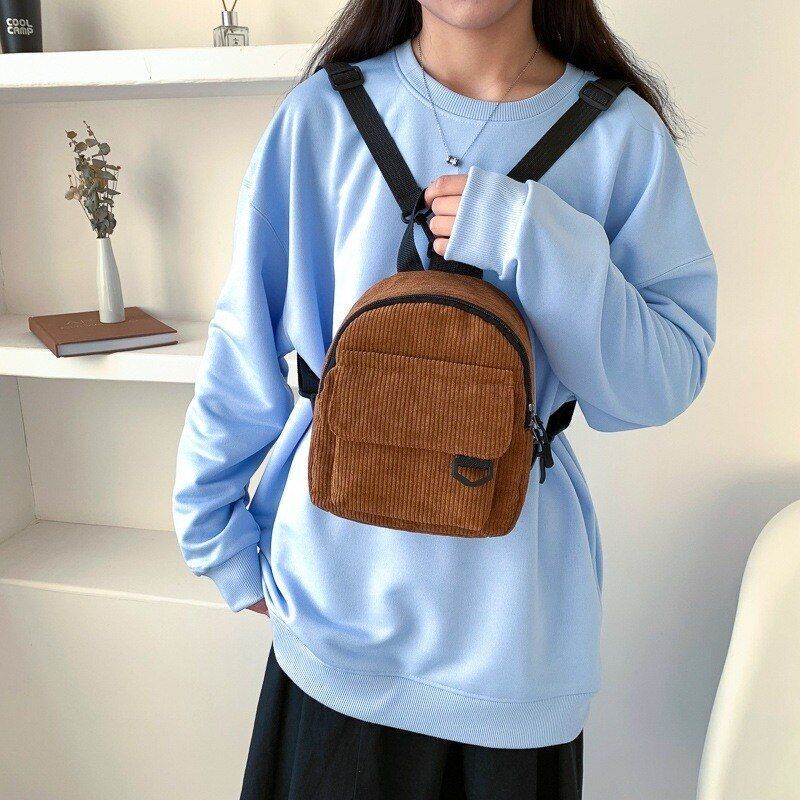 Mini Backpack Solid Color Corduroy Small Bag Student Bookbag Traveling Backpacks