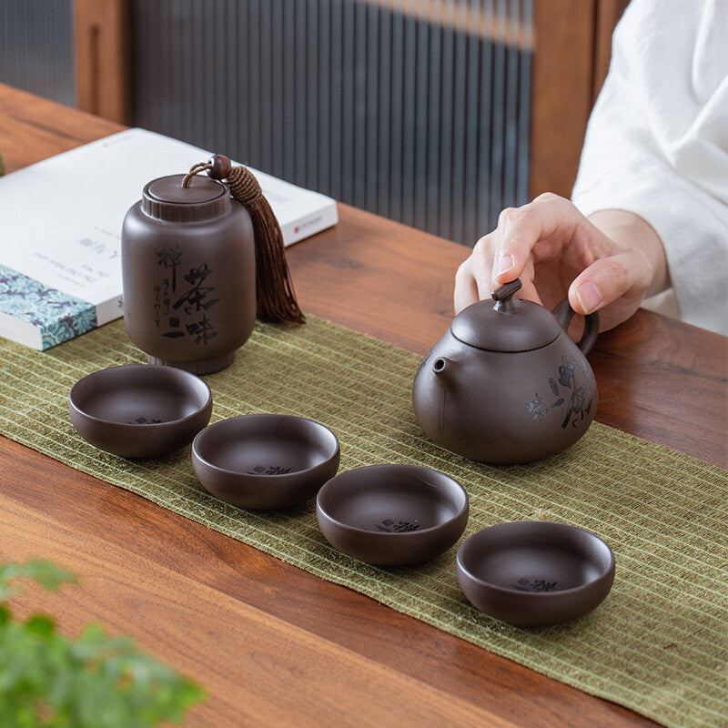 On Sales Real Yixing Zisha Tea Set Purple Clay Tea Pot 4 Cup Tea Canister Sealed