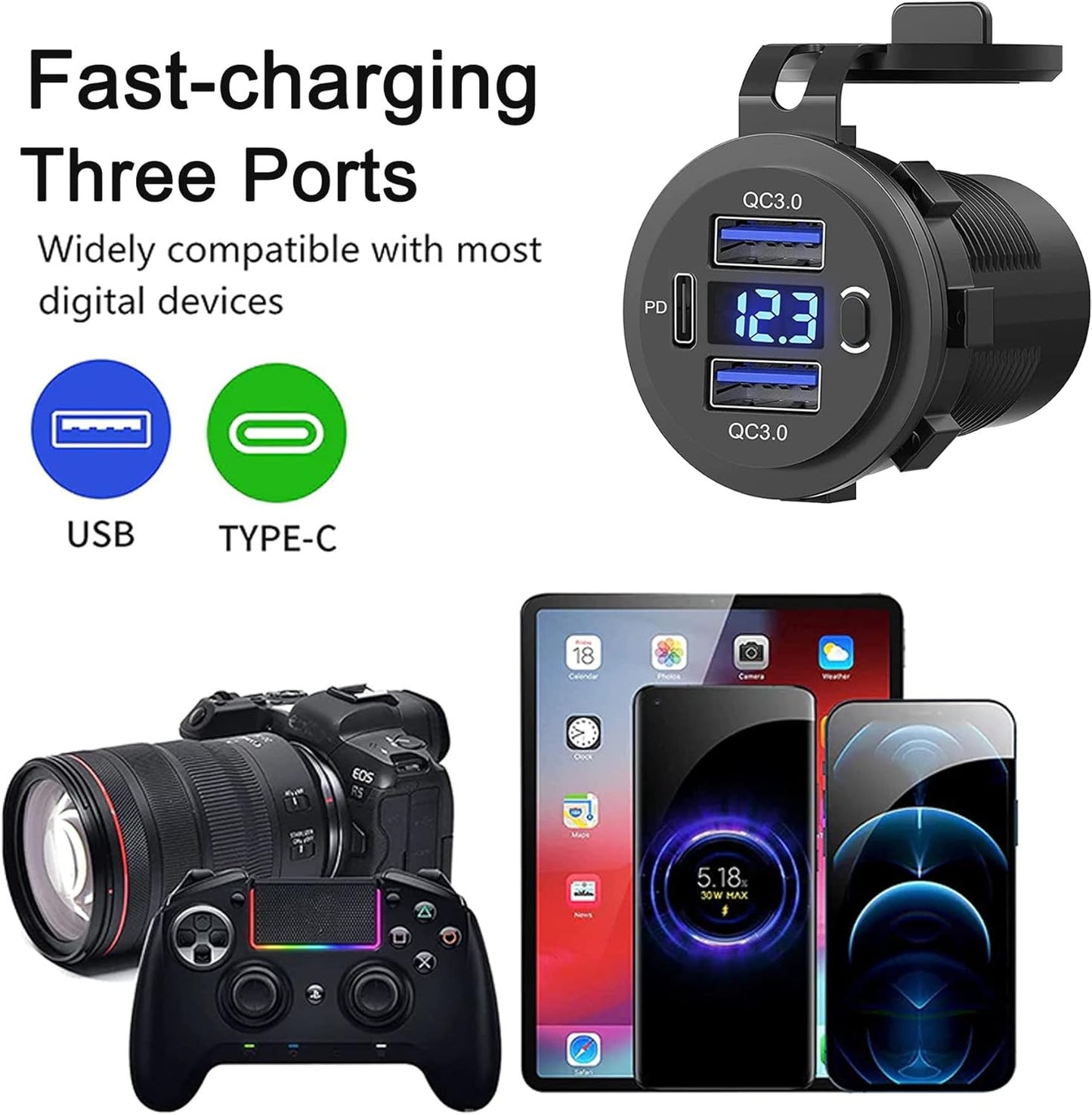 12V-24V PD+QC3.0 Dual USB Car Fast Charger Power Socket Outlet LED Voltmeter lot