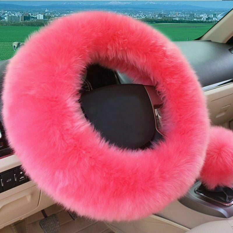 3pc Pink Australia Wool Fuzzy AutoCar Steering Wheel Cover Universal For Winter