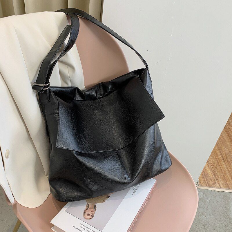 Synthetic Leather Bag Messenger Purse Vintage Black Shoulder Bags Large Handbags