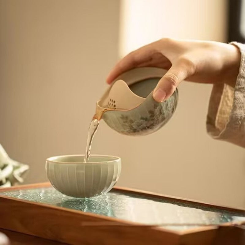 Ceramic Tea Set Portable Bag Travelling Tea Pot Matching Cup Ruyao Crackle Glaze
