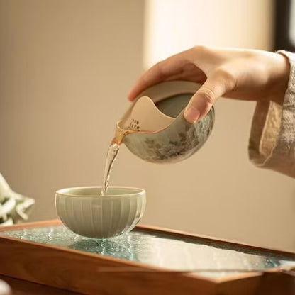 Ceramic Tea Set Portable Bag Travelling Tea Pot Matching Cup Ruyao Crackle Glaze