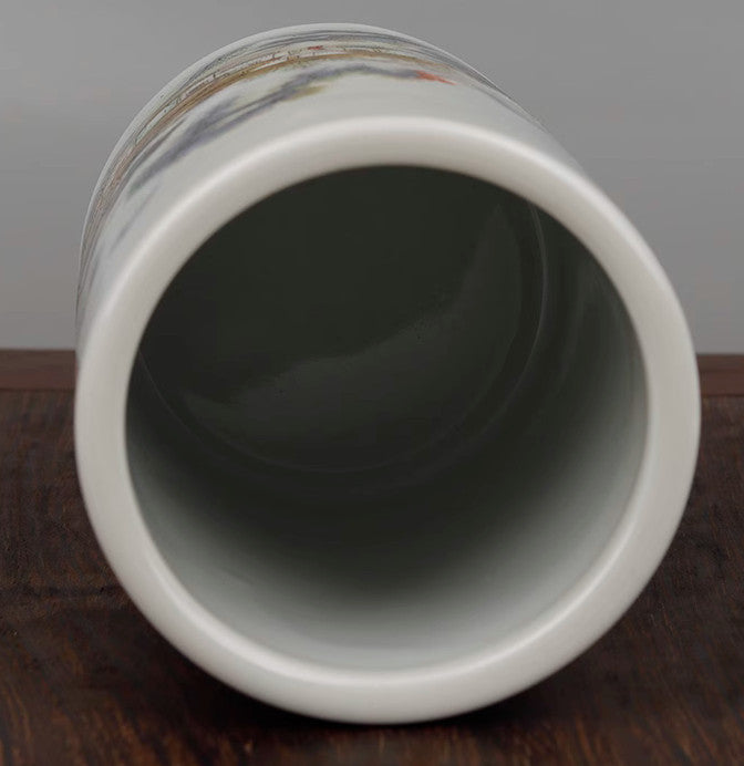 Chinese Colour Porcelain Mountains Rivers Landscape Brush Pot Pencil Vase '宁静致远'