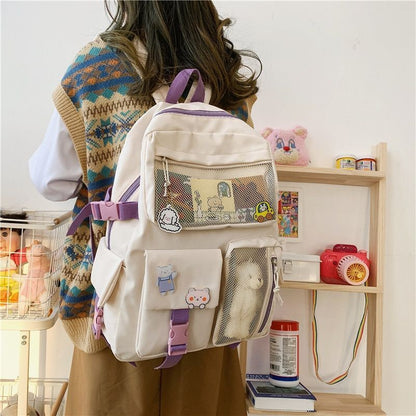 Buckle Badge Backpack Candy Color Fashion Cute Schoolbag Shoulder Bag 32*43*13CM