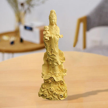 Boxwood Guanyin Sculpture Kwan-Yin Buddha Statue for Home Desktop Decoration