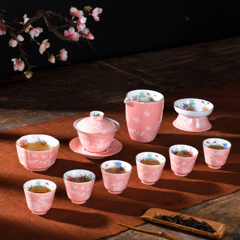 Chinese Tea Set Porcelain Tea Pot Floral Print Gaiwan Cup Pitcher Strainer New