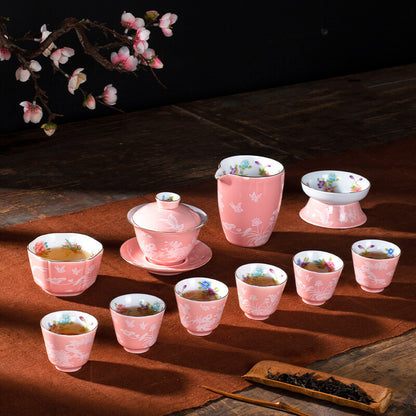 Chinese Tea Set Porcelain Tea Pot Floral Print Gaiwan Cup Pitcher Strainer New