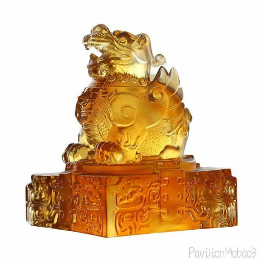 Liu Li Crystal Glass Pi Xiu Seal Statue Feng Shui Ornament Mascot Gift