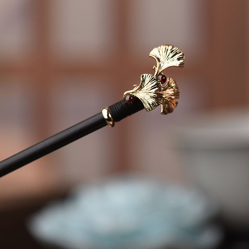 Chinese Ebony Wood Jade Garnet Ginkgo Leaf Hairpin Tibetan Hair Clip