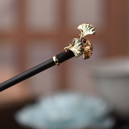Chinese Ebony Wood Jade Garnet Ginkgo Leaf Hairpin Tibetan Hair Clip