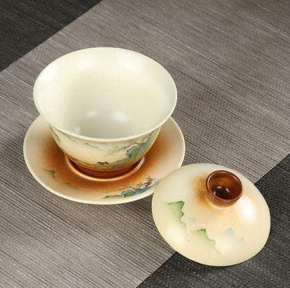 180ml Retro Landscape Gaiwan Coarse Ceramic Cup with Lid Cover Saucer Kit Tea
