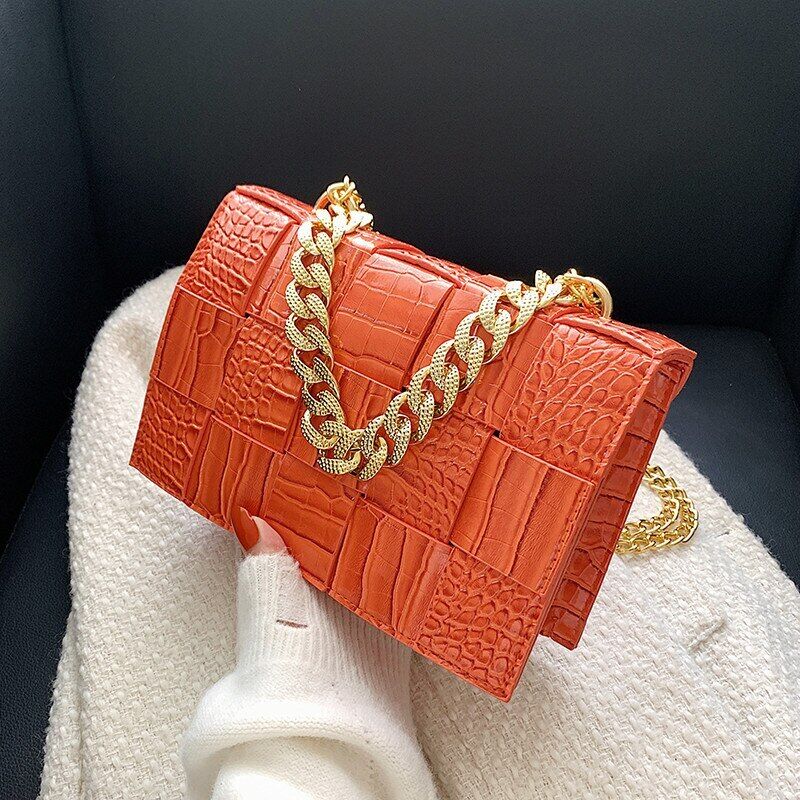 Pattern Pu Leather Bag Women Gold Chain Woven Square Bag Evening Party Clutch