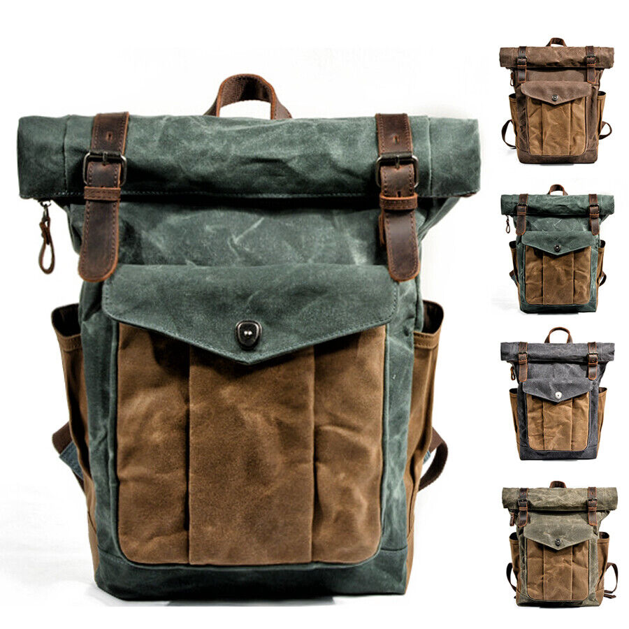 Water Resisant Vintage Waxed Canvas Backpack Fold-Over Satchel Laptop Bag Travel