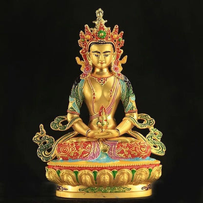16cm Exquisitely Retro Tibetan Alloy Handcarved Longevity Buddha Statue Ornament