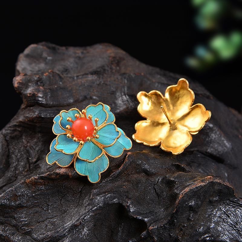 Handmade Cloisonne Peony Flower Stud Earrings Vintage Chinese Style Jewelry