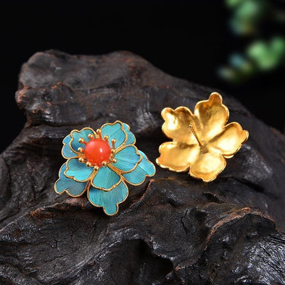 Handmade Cloisonne Peony Flower Stud Earrings Vintage Chinese Style Jewelry