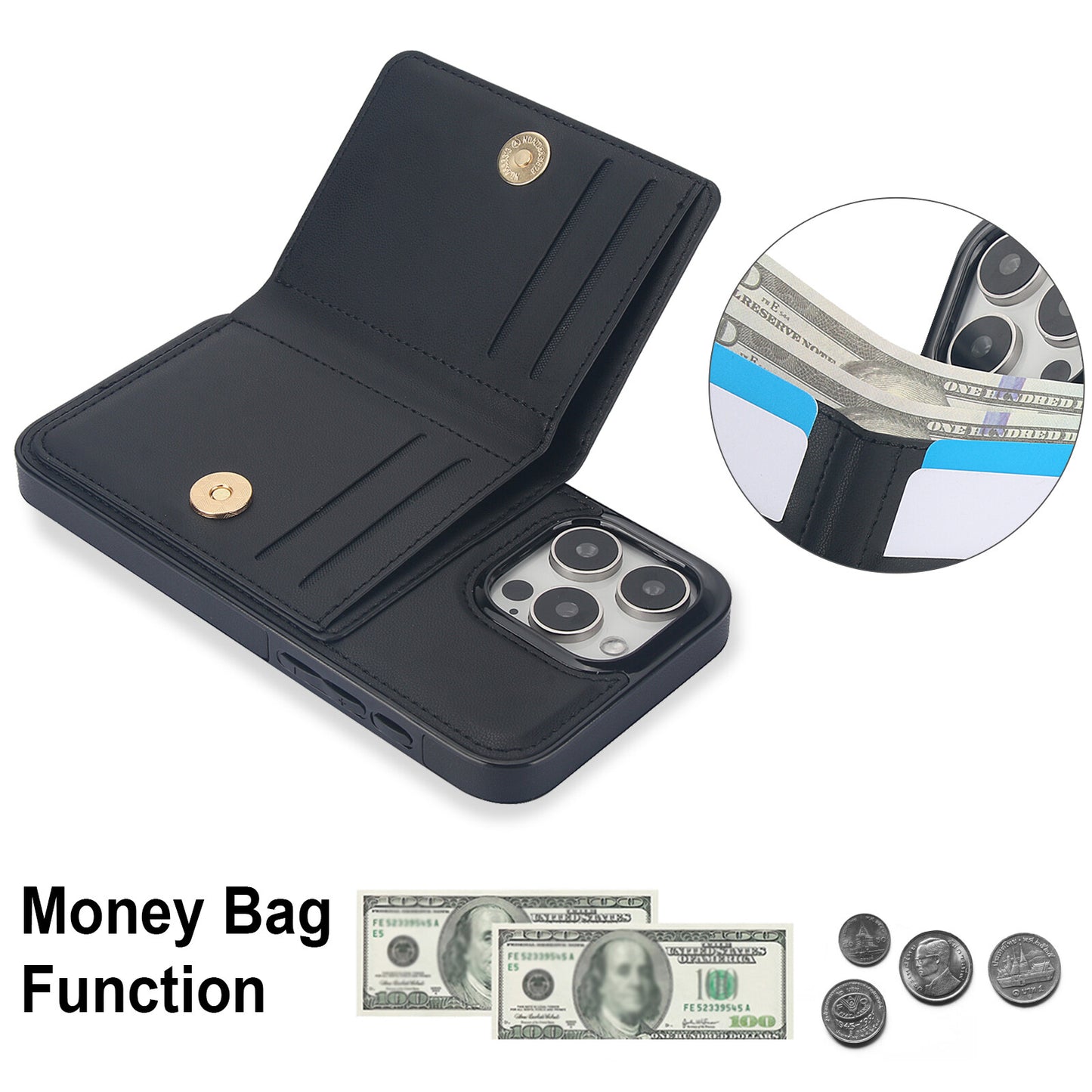 Wallet Case for iPhone 16e 15 14 13 12 11 Pro Max SE 2022 XR with Rotation Ring