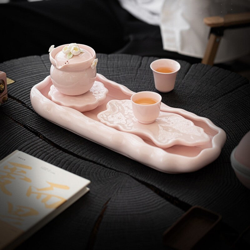 Complete Tea Set For Lady Ceramic Tea Pot Handmade Floral Relief Tea Cup Tray