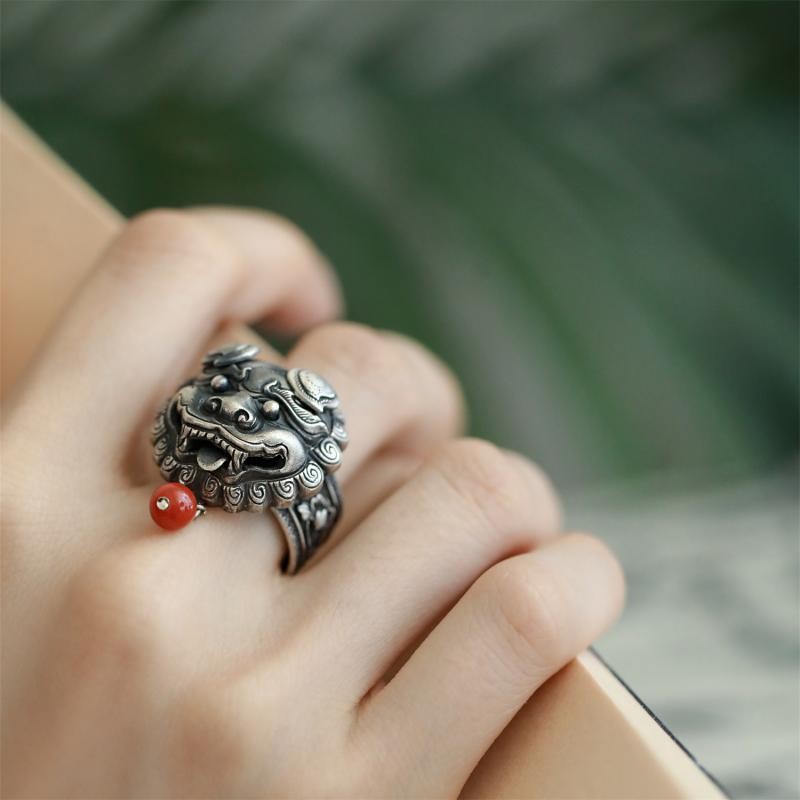 Gold-Swallowing Beast Ring Size Adjustable Lotus Red Bead Ethnic Jewelry