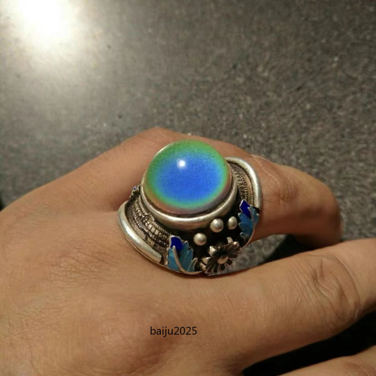 Antique Old Chinese Cloisonne Silver Inlay Gems Flower Jewelry Figure Ring