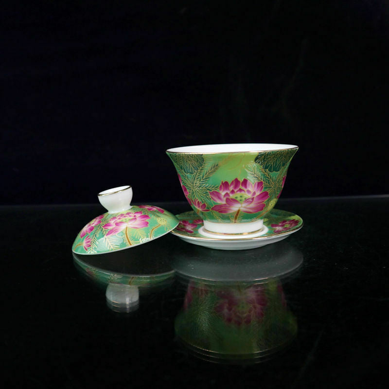 Chinese Jingdezhen Painted Pastel Lotus Flower Pattern Covered Bowl Tea Cup