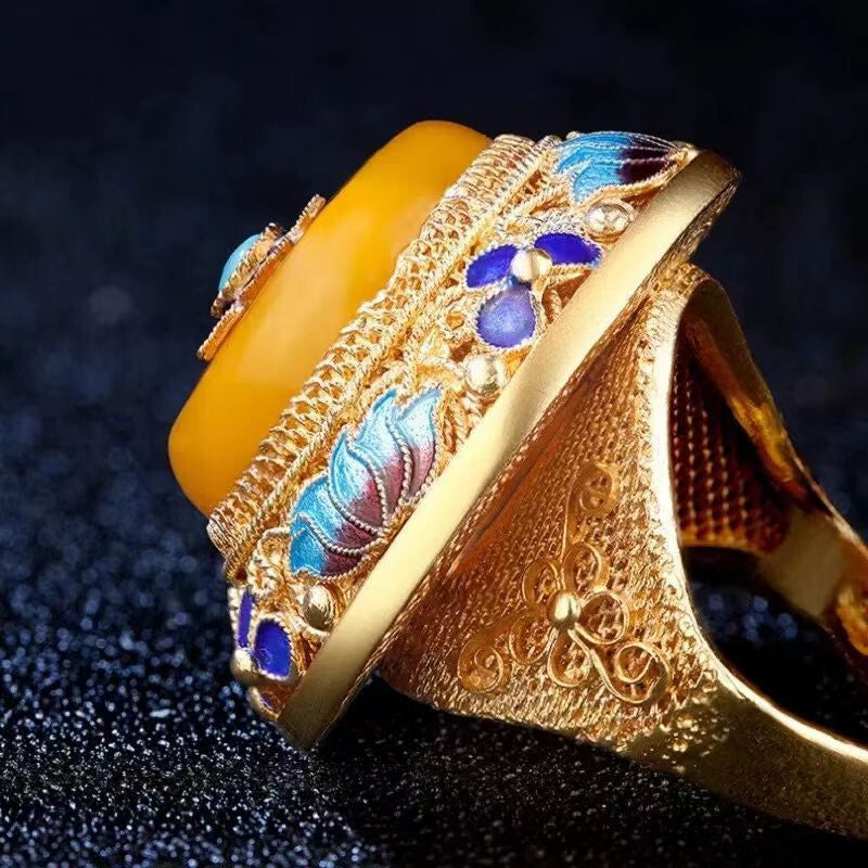 Antique Old Chinese Cloisonne Silver Inlay Gems Flower Jewelry Figure Ring Gift