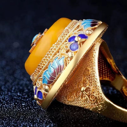 Antique Old Chinese Cloisonne Silver Inlay Gems Flower Jewelry Figure Ring Gift