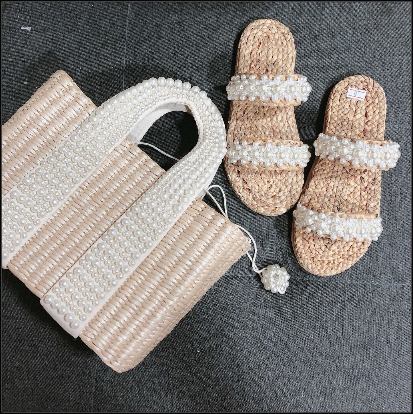 Pearl Straw Bag Fashionable Shoulder Bag Seaside Vacation Handbag Polyester 1 PC
