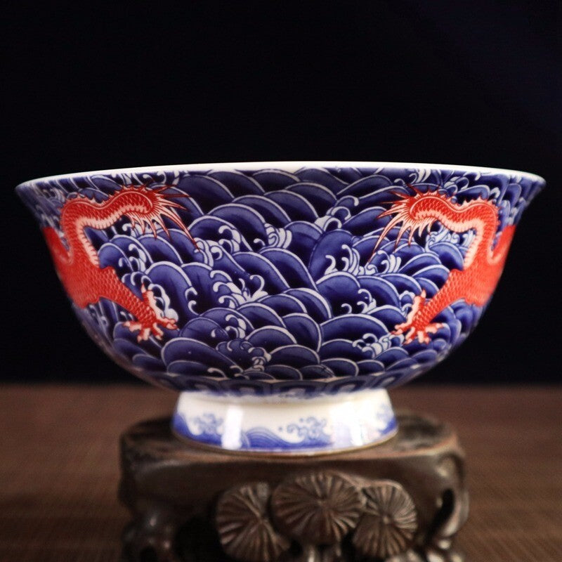 6.2" Chinese Blue and White Porcelain Red Glaze Two Dragon Grain Big Bowl