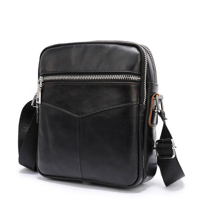 100% Cowhide Leather Double Zipper Shoulder/Messenger Bag Black Men's Sling Bag