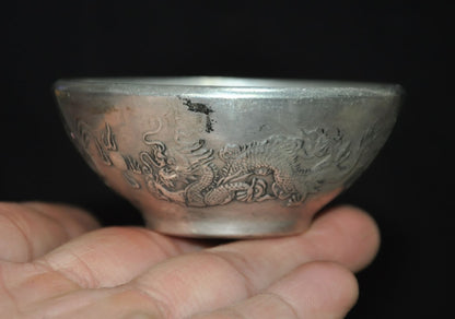 China Tibetan Silver Animal Loong Dragon Statue Tableware Tea Cup Bowl Bowls