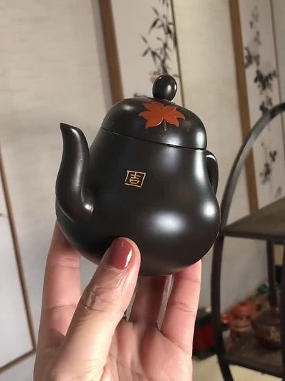 Handmade Tea Pot 9 Infuser Holes Real Yixing Zisha Black Clay Maple Leaf Relief