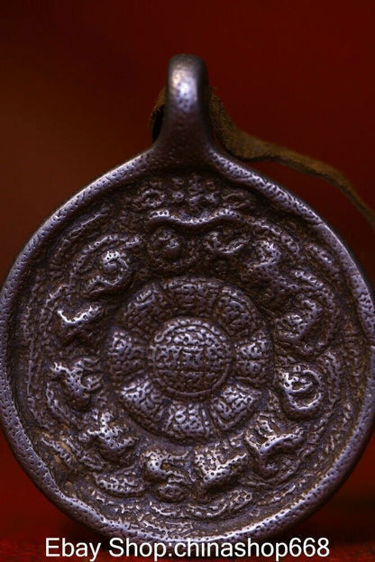2.4" Rare Old Tibetan Meteorite Iron Buddhism Eight Diagrams Amulet Pendant