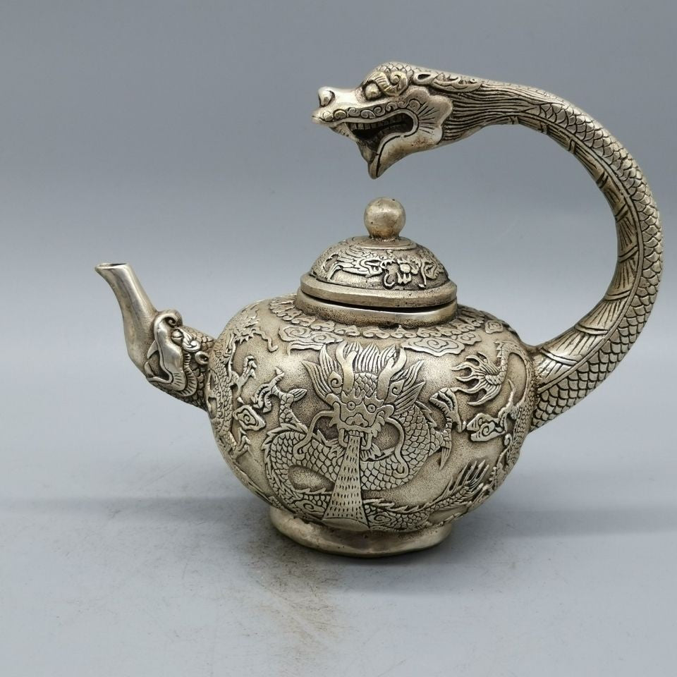Vintage Chinese Silver Plated Copper Dragon Teapot Xuande Style 15cm