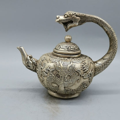Vintage Chinese Silver Plated Copper Dragon Teapot Xuande Style 15cm
