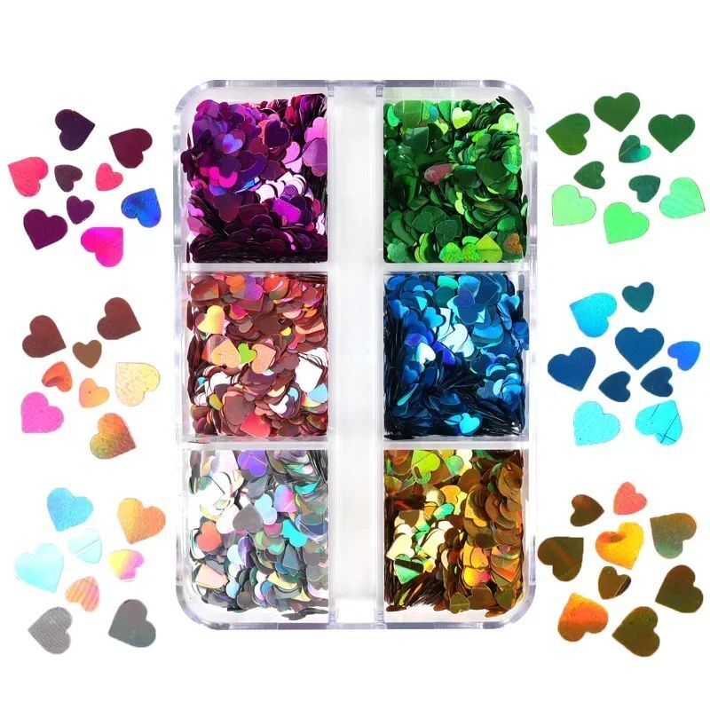 Nail Art Glitter 6 Grids Red Love Heart Sequins Flakes DIY Valentines Decoration