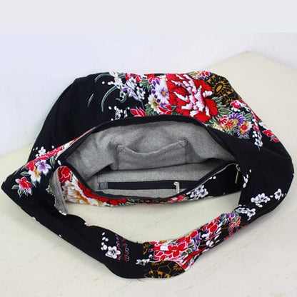 Flowers Hobos Bags Shoulder Purse Handbags Ethnic Floral Cotton Canvas Bag 1 PC