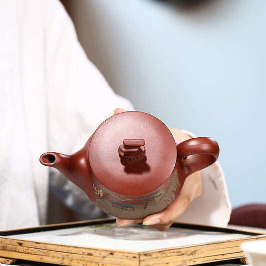 China Yixing Zisha Pottery Clovershrub Clay Handmade 230cc Scenery Teapot 山水一帆风顺