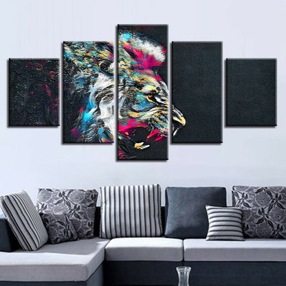 Psychedelic Angry Lion Animal Painting 5 Panel Canvas Print Wall Art Home Decor