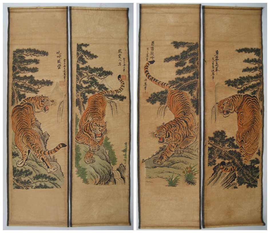 HANGING PAINTING SCROLL" Tiger " NICE SCREEN OF 4PCS Paintings Scrolls