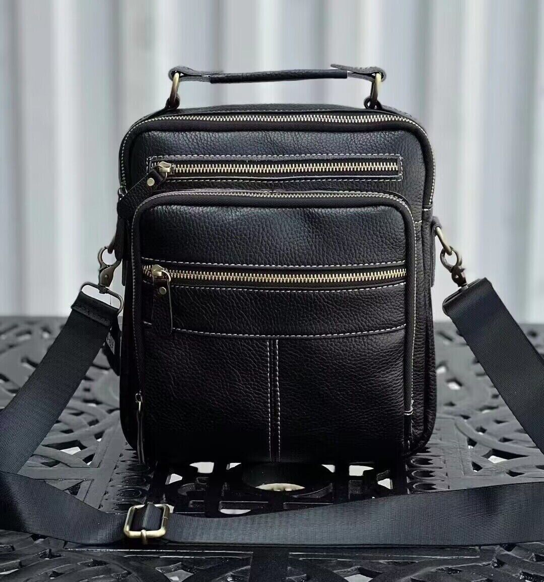 100% Genuine Leather Men's Business Bags, Black Sling Shoulder Messenger Bag