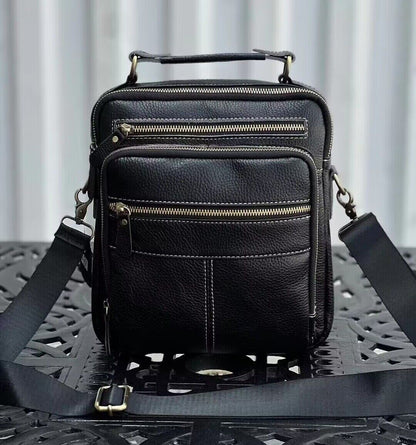 100% Genuine Leather Men's Business Bags, Black Sling Shoulder Messenger Bag