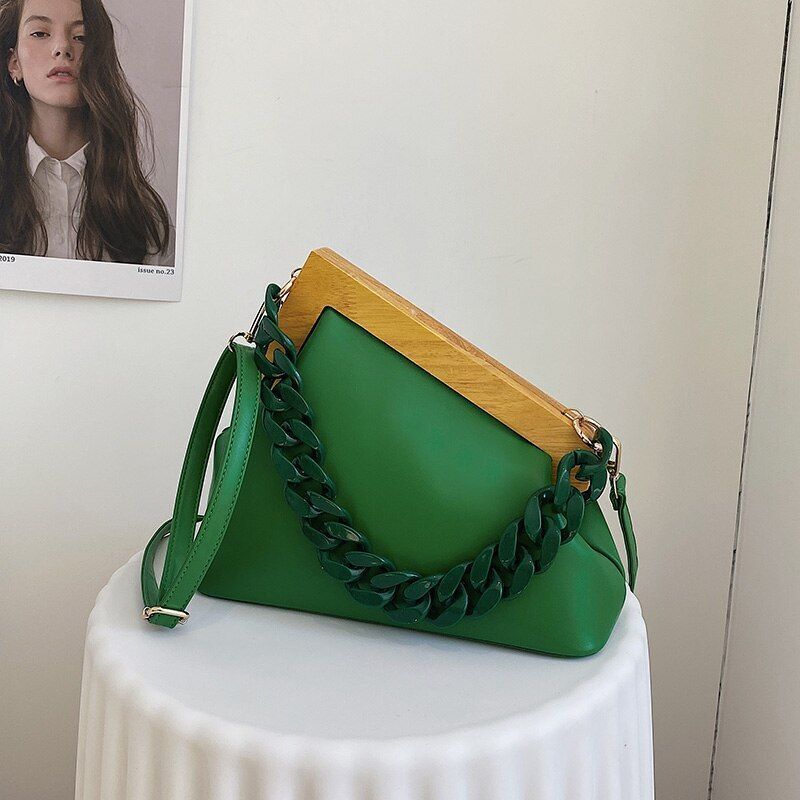 Handbag Thick Chain Triangle Design Leather Crossbody Bag Wooden Handle Purses